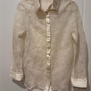 Romantic Cream Lace Women's Blouse with Pearl Trim NWOT